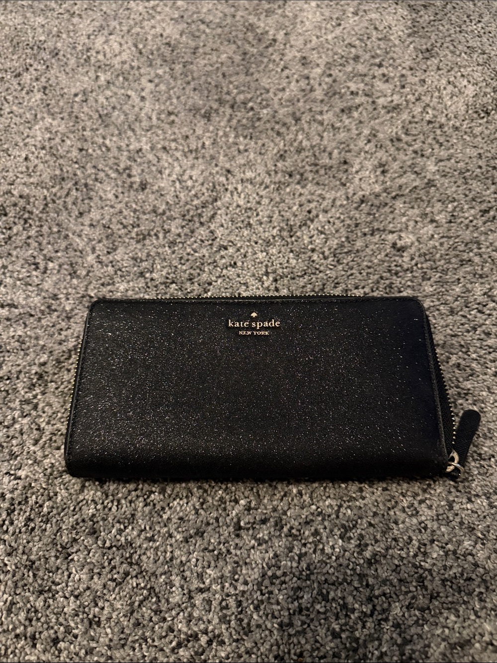 kate spade Black Glitter Zip Wallet with Gold Logo